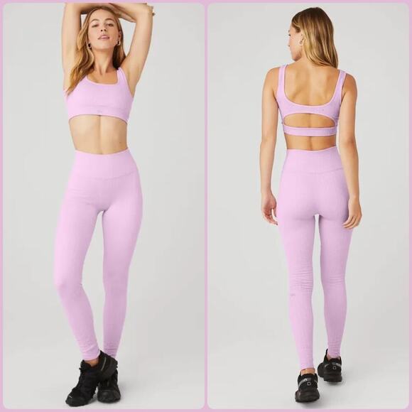 Alo Yoga Seamless Cable Knit Bra & High-Waist Legging Set Sugarplum Pink Small